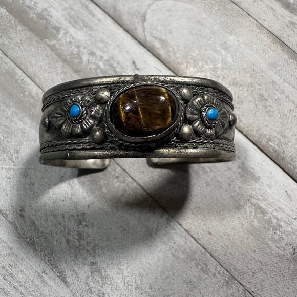 Tiger's Eye Turquenite cuff bracelet Tibetan Silver Nepalese Unisex - Picture 3 of 7